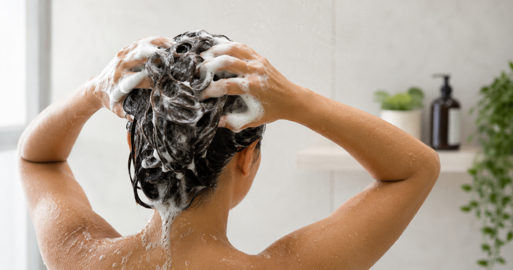 Person washing hair in a simple everyday hair care routine